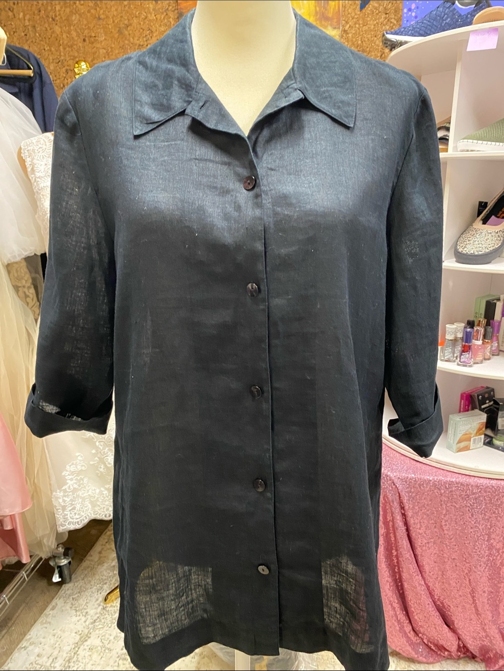 Nordstrom Linen Black Button-Front Tunic